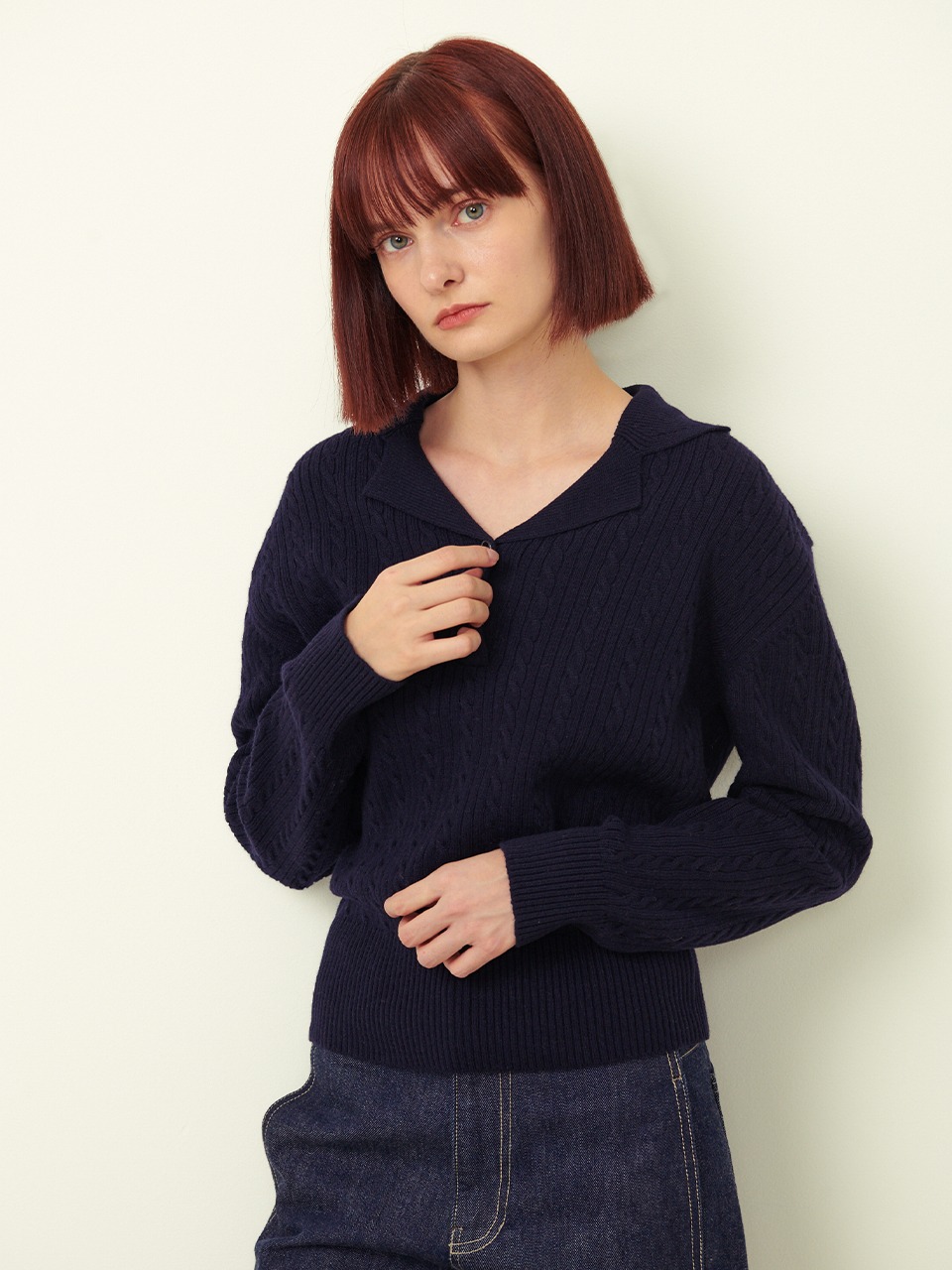 Ted Cashmere Cable Collar Knit Midnight Blue