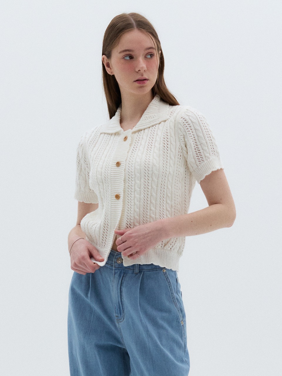 Crop Collar Cable Cardigan Ivory